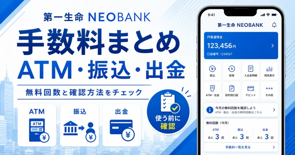 第一生命NEOBANKの手数料、ATM・振込・出金の無料回数と確認方法を解説する画像