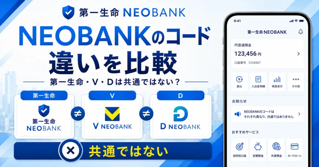 第一生命NEOBANKとV NEOBANK、D NEOBANKのキャンペーンコードの違いを比較する画像